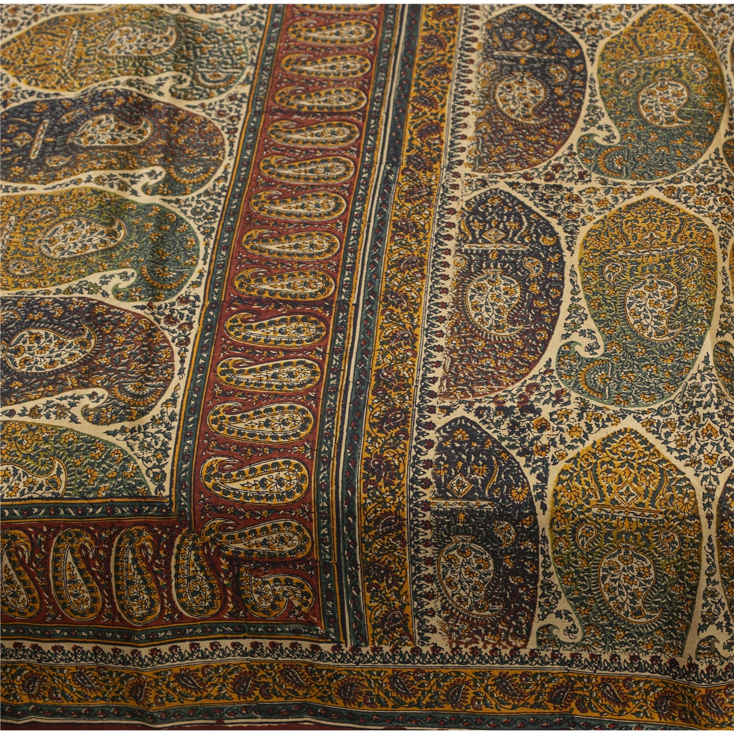 Sanskriti Vintage Sarees Cream Pure Silk Paisley Printed Sari 5+yd Craft Fabric