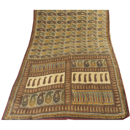 Sanskriti Vintage Sarees Cream Pure Silk Paisley Printed Sari 5+yd Craft Fabric