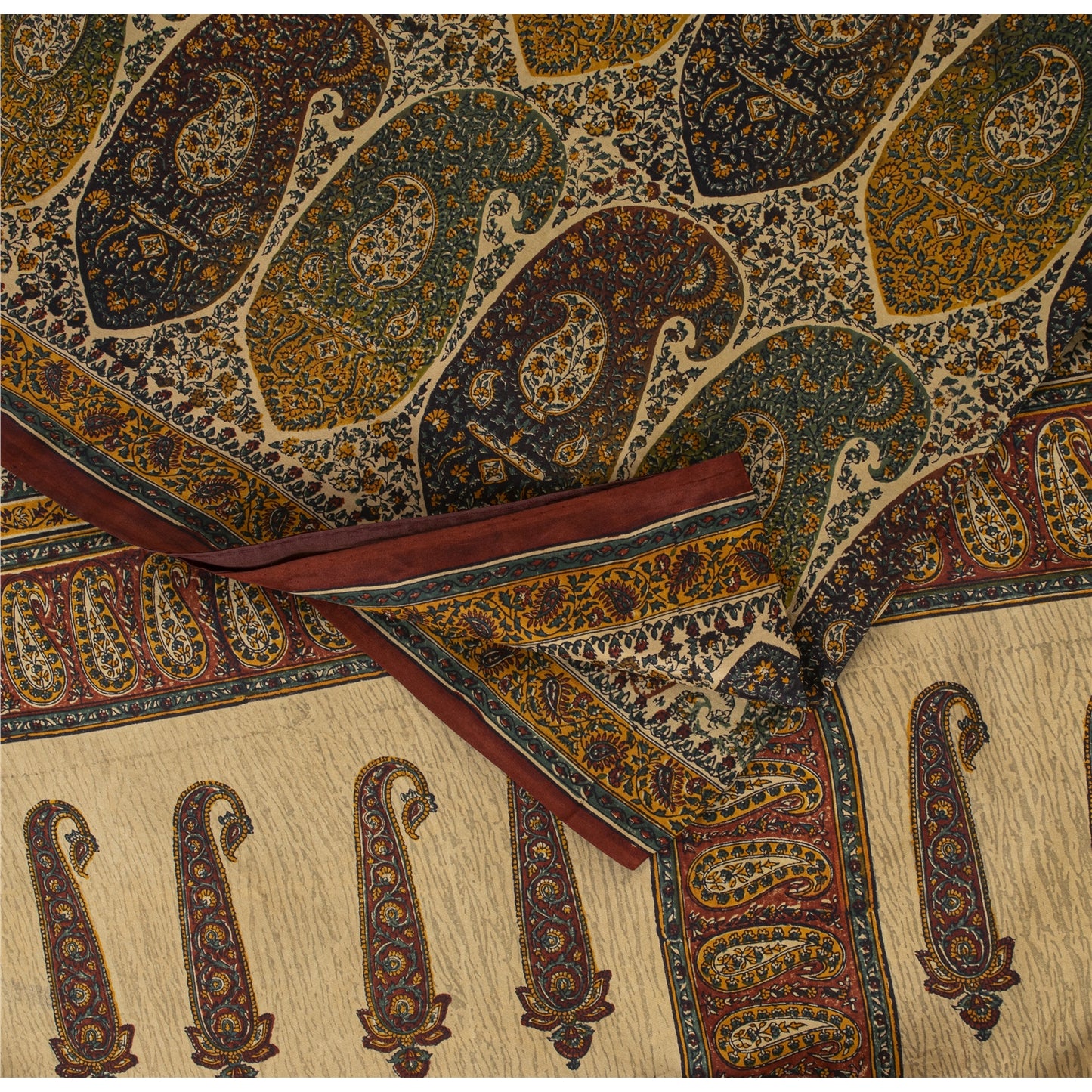 Sanskriti Vintage Sarees Cream Pure Silk Paisley Printed Sari 5+yd Craft Fabric