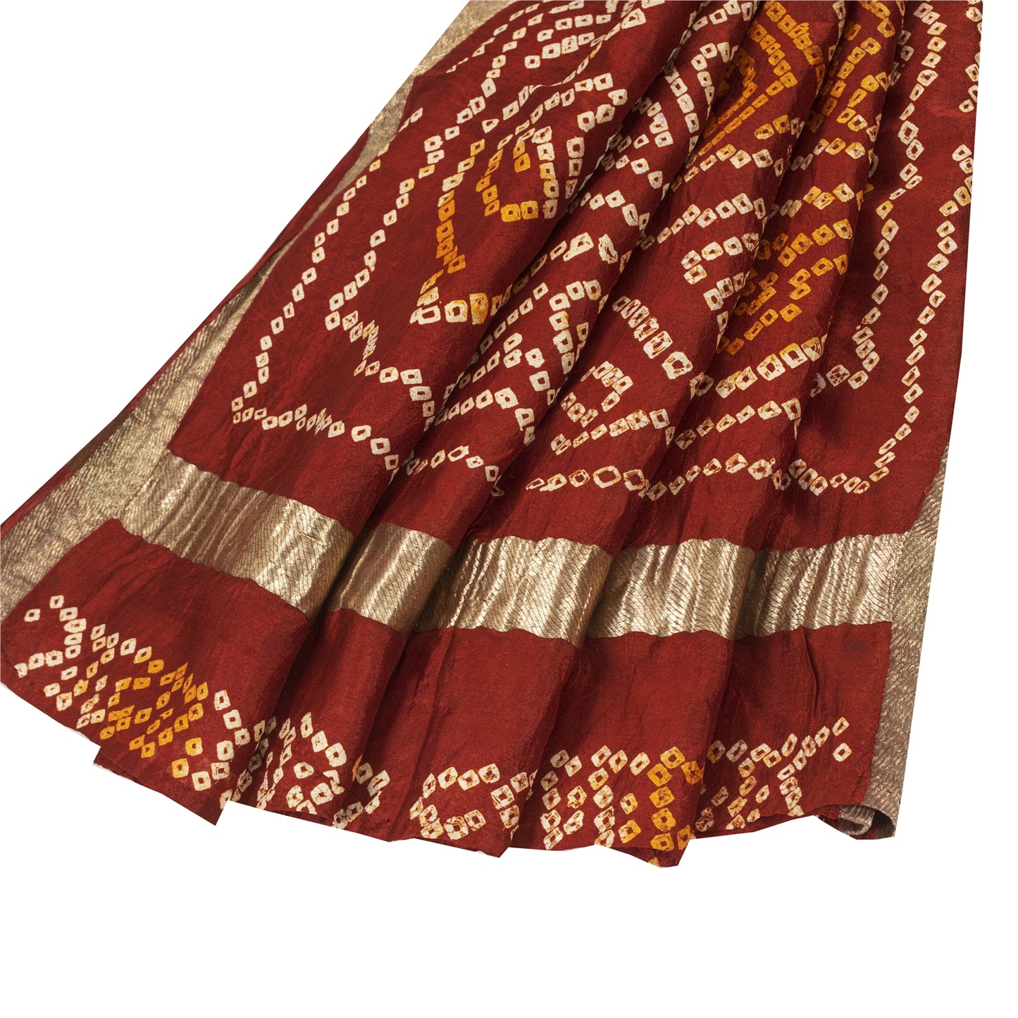 Sanskriti Vintage Sarees Yellow & Red Bandhani Pure Silk Print Sari 5+yd Fabric