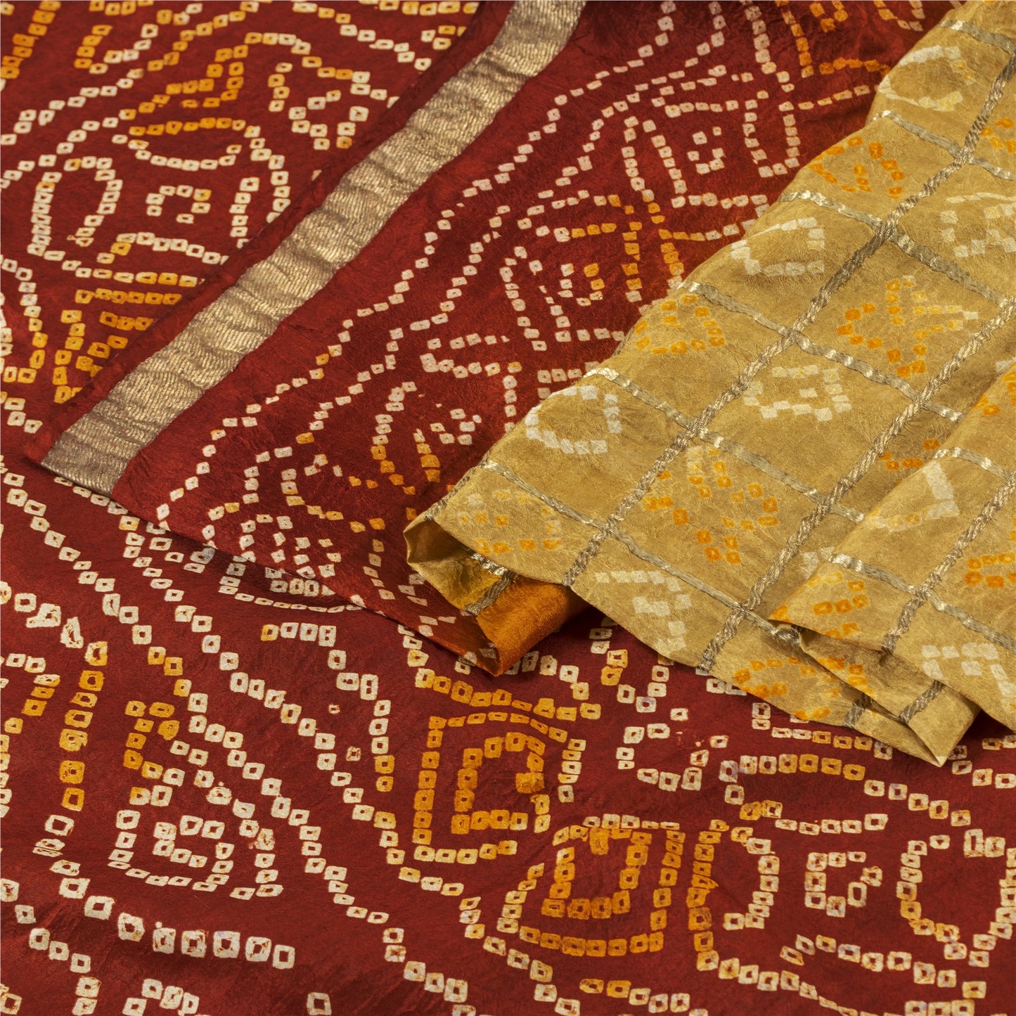 Sanskriti Vintage Sarees Yellow & Red Bandhani Pure Silk Print Sari 5+yd Fabric