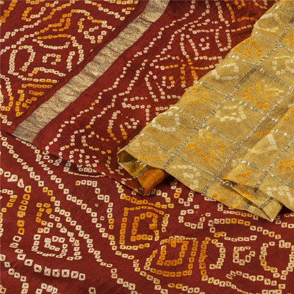 Sanskriti Vintage Sarees Yellow & Red Bandhani Pure Silk Print Sari 5+yd Fabric