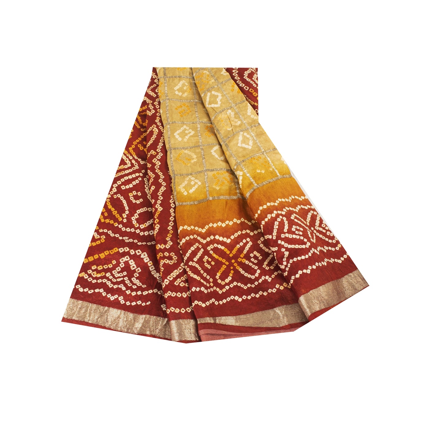 Sanskriti Vintage Sarees Yellow & Red Bandhani Pure Silk Print Sari 5+yd Fabric