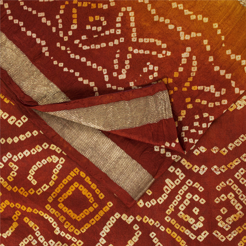 Sanskriti Vintage Sarees Yellow & Red Bandhani Pure Silk Print Sari 5+yd Fabric