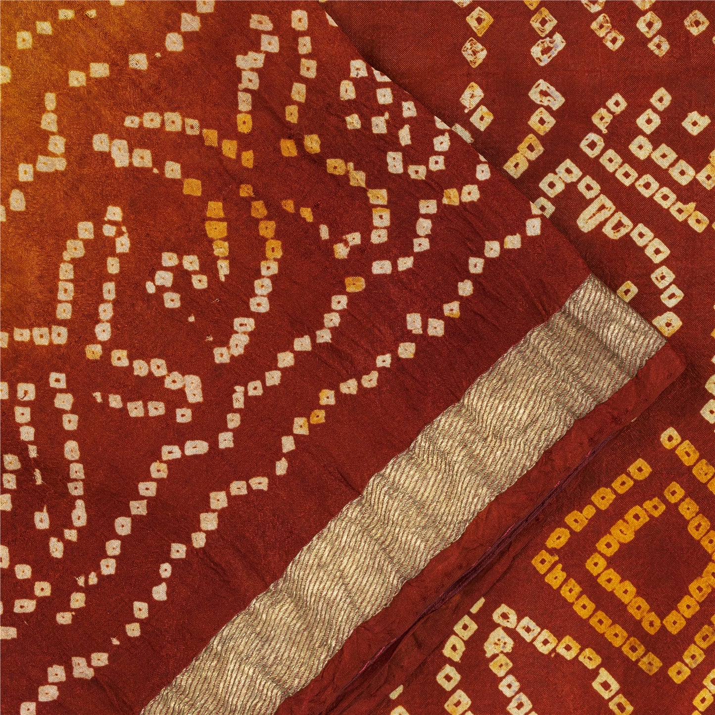 Sanskriti Vintage Sarees Yellow & Red Bandhani Pure Silk Print Sari 5+yd Fabric
