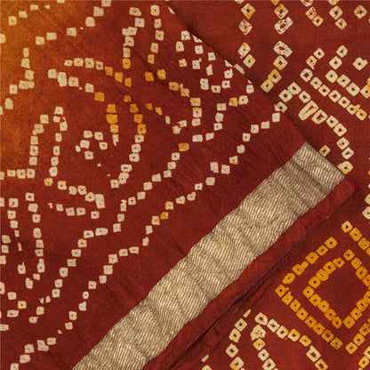 Sanskriti Vintage Sarees Yellow & Red Bandhani Pure Silk Print Sari 5+yd Fabric