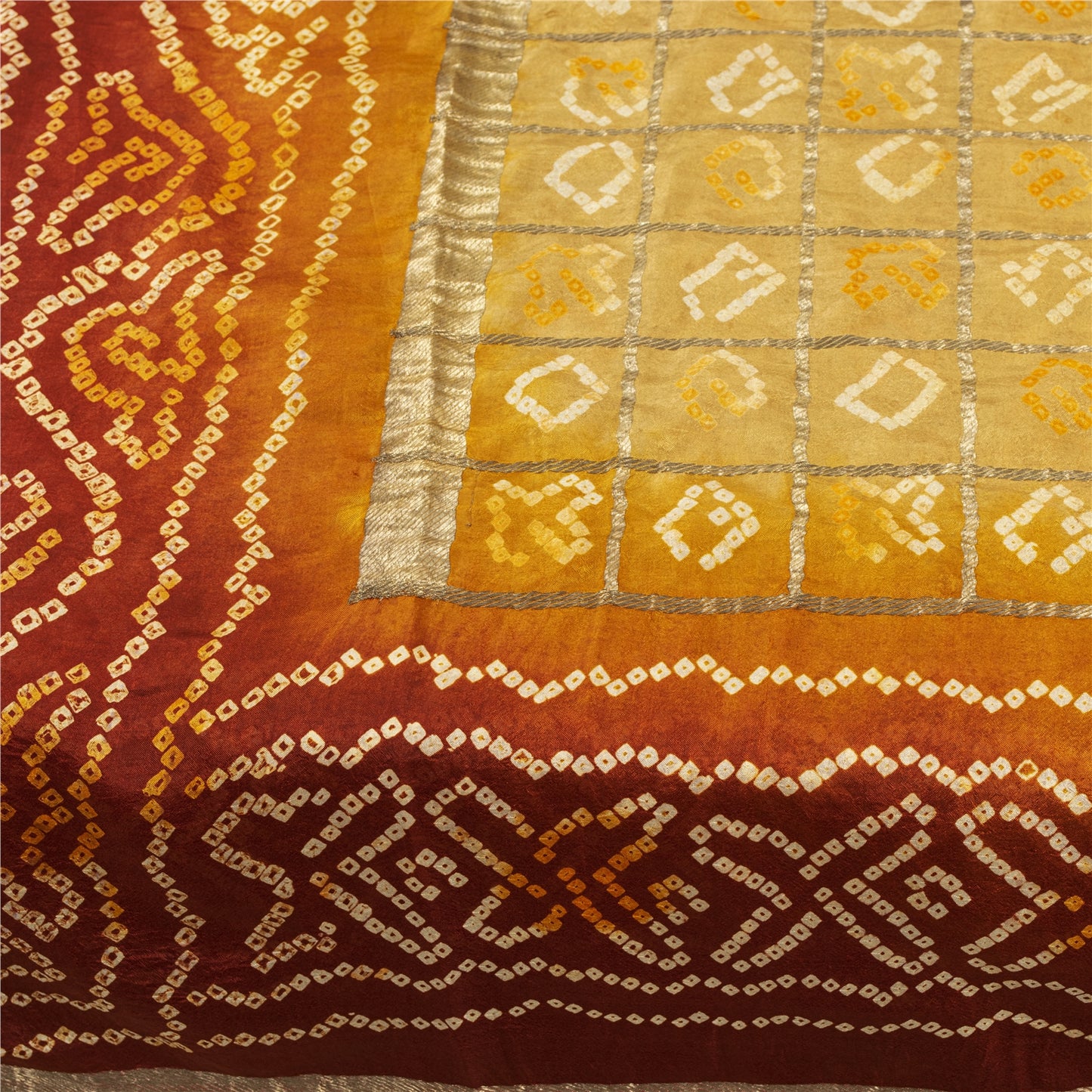 Sanskriti Vintage Sarees Yellow & Red Bandhani Pure Silk Print Sari 5+yd Fabric