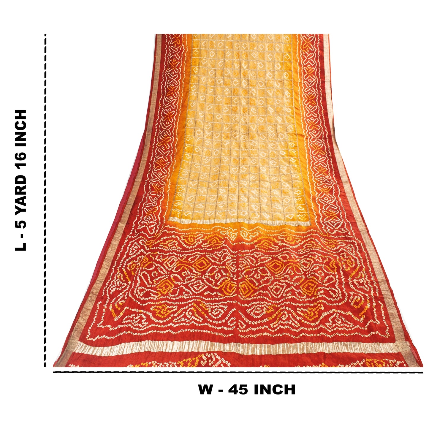 Sanskriti Vintage Sarees Yellow & Red Bandhani Pure Silk Print Sari 5+yd Fabric