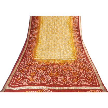 Sanskriti Vintage Sarees Yellow & Red Bandhani Pure Silk Print Sari 5+yd Fabric
