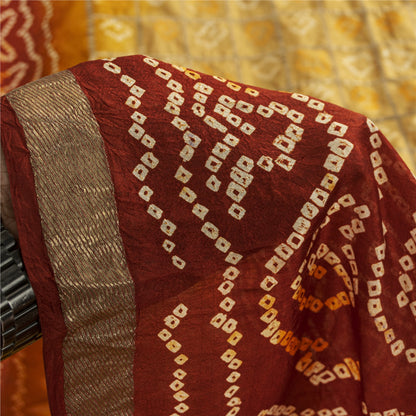 Sanskriti Vintage Sarees Yellow & Red Bandhani Pure Silk Print Sari 5+yd Fabric