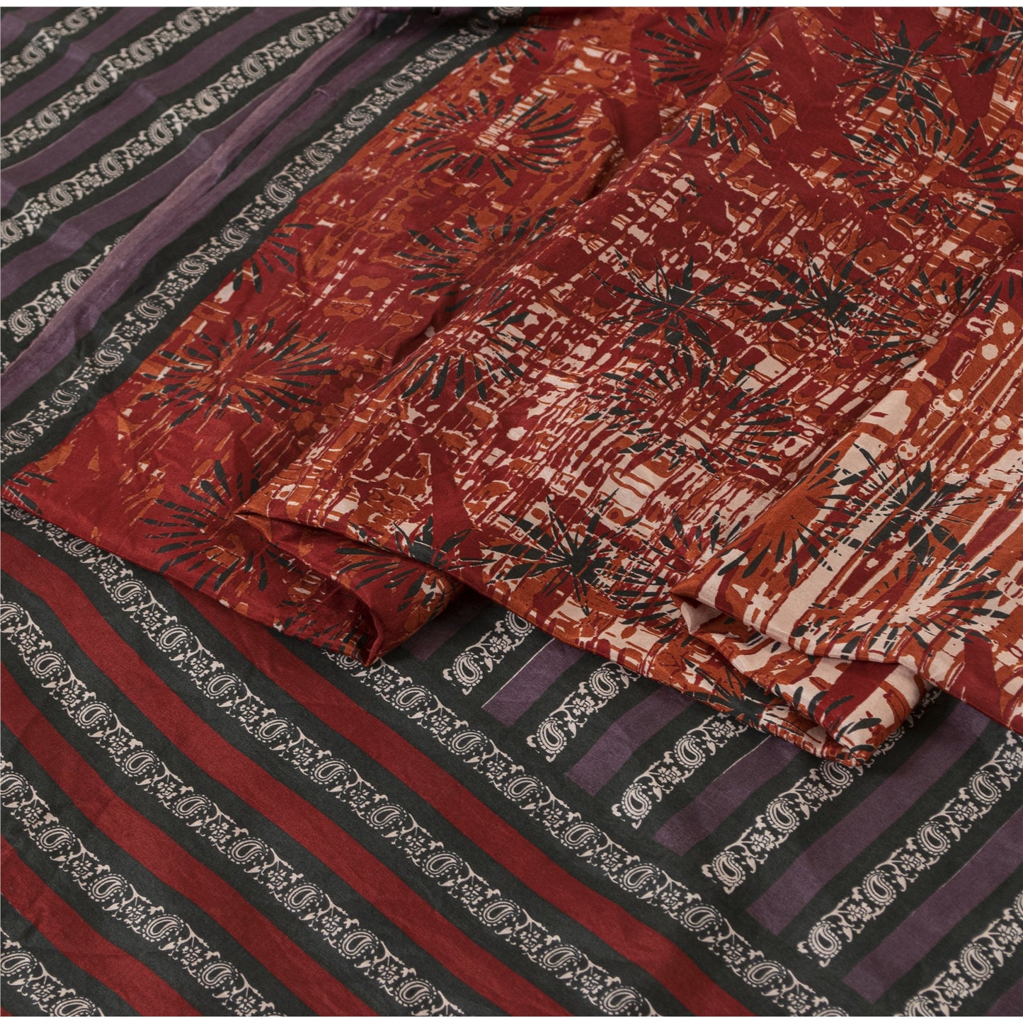 Sanskriti Vintage Sarees Red Indian Pure Silk Printed Sari 5+yd Craft Fabric