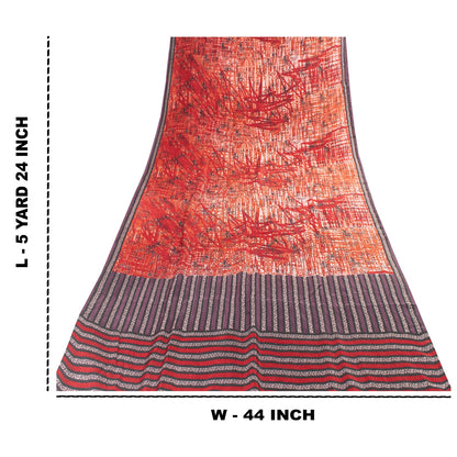 Sanskriti Vintage Sarees Red Indian Pure Silk Printed Sari 5+yd Craft Fabric