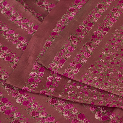 Sanskriti Vintage Sarees Pink 100% Pure Silk Floral Print Sari 6+yd Craft Fabric