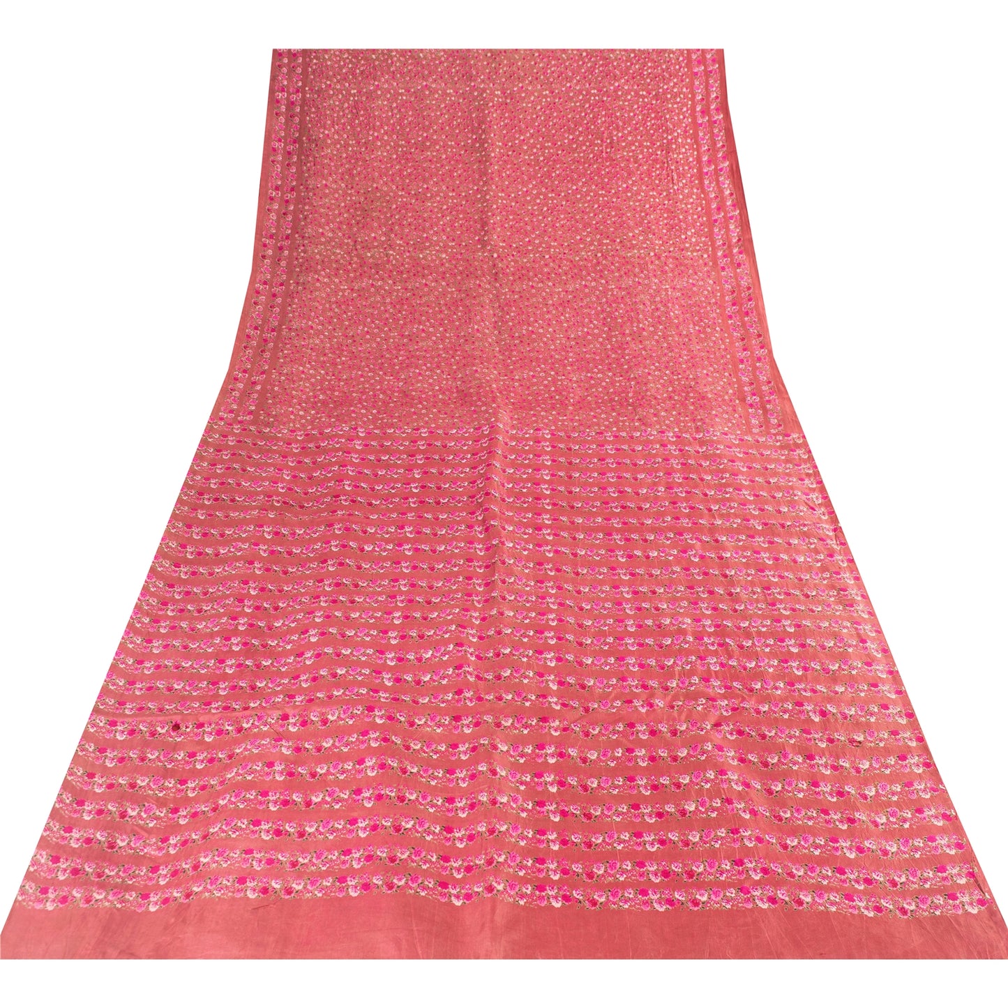 Sanskriti Vintage Sarees Pink 100% Pure Silk Floral Print Sari 6+yd Craft Fabric
