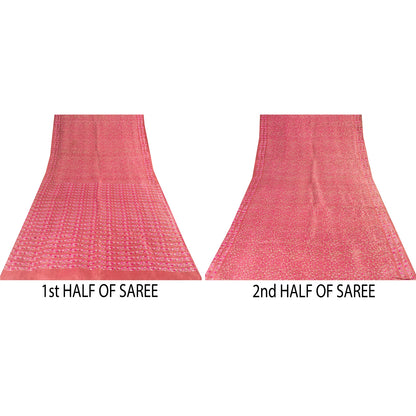 Sanskriti Vintage Sarees Pink 100% Pure Silk Floral Print Sari 6+yd Craft Fabric