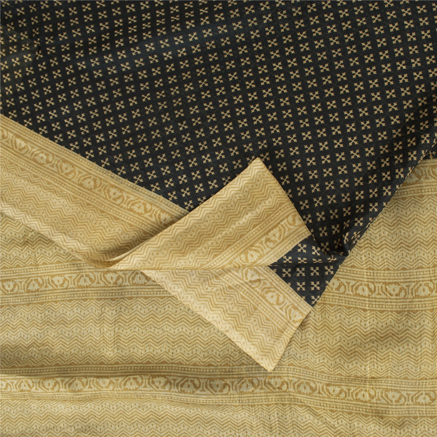 Sanskriti Vintage Sarees Black Pure Silk Geometric Print Sari 6+yd Craft Fabric