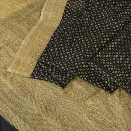 Sanskriti Vintage Sarees Black Pure Silk Geometric Print Sari 6+yd Craft Fabric