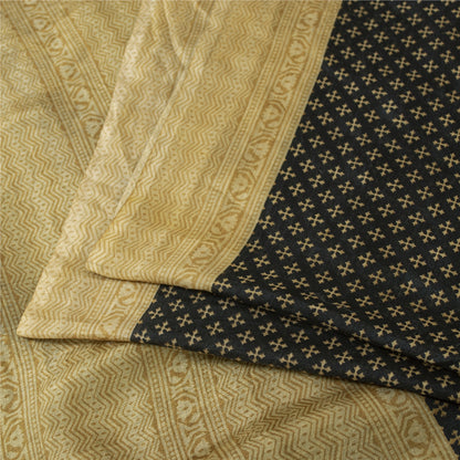 Sanskriti Vintage Sarees Black Pure Silk Geometric Print Sari 6+yd Craft Fabric