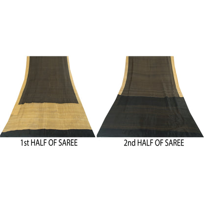 Sanskriti Vintage Sarees Black Pure Silk Geometric Print Sari 6+yd Craft Fabric