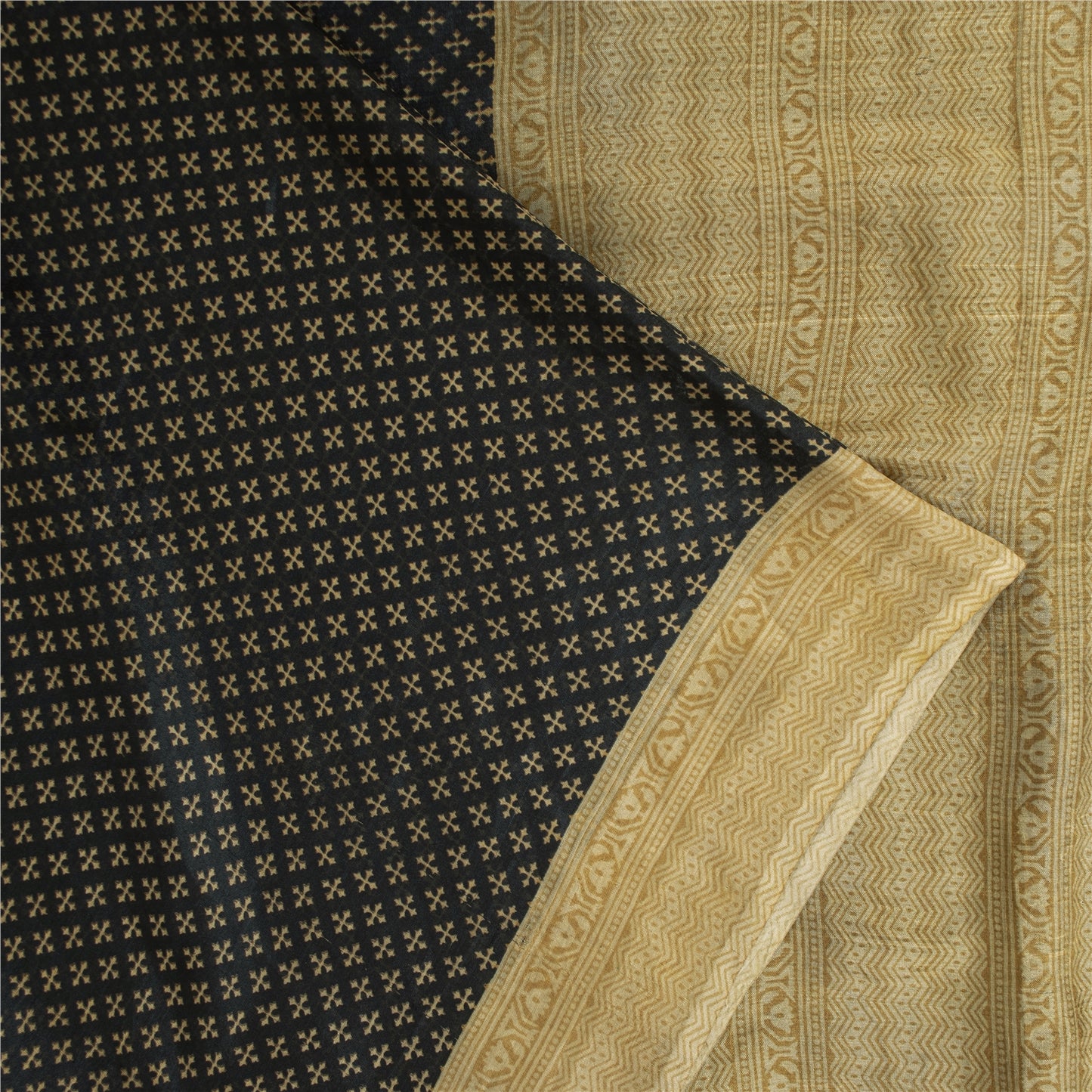 Sanskriti Vintage Sarees Black Pure Silk Geometric Print Sari 6+yd Craft Fabric