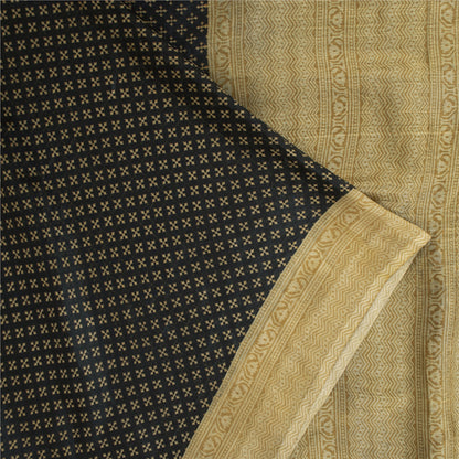 Sanskriti Vintage Sarees Black Pure Silk Geometric Print Sari 6+yd Craft Fabric
