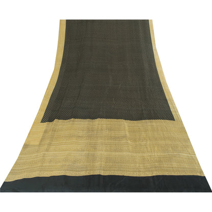 Sanskriti Vintage Sarees Black Pure Silk Geometric Print Sari 6+yd Craft Fabric