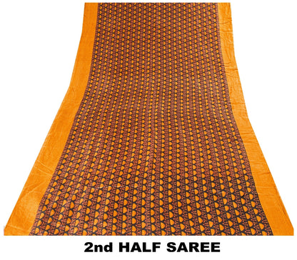 Sanskriti Vintage Sarees Black Pure Silk Floral Printed Sari 6yd Craft Fabric