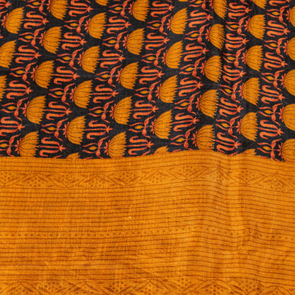 Sanskriti Vintage Sarees Black Pure Silk Floral Printed Sari 6yd Craft Fabric