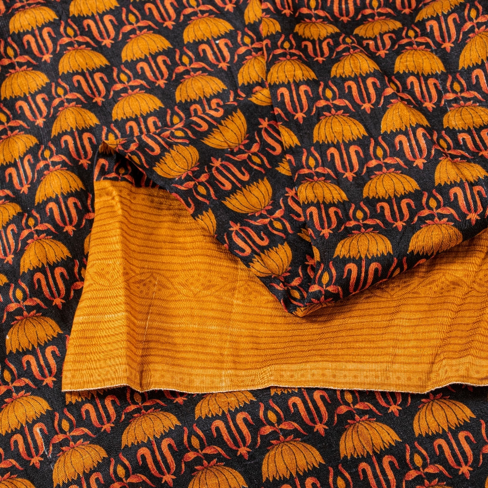 Sanskriti Vintage Sarees Black Pure Silk Floral Printed Sari 6yd Craft Fabric