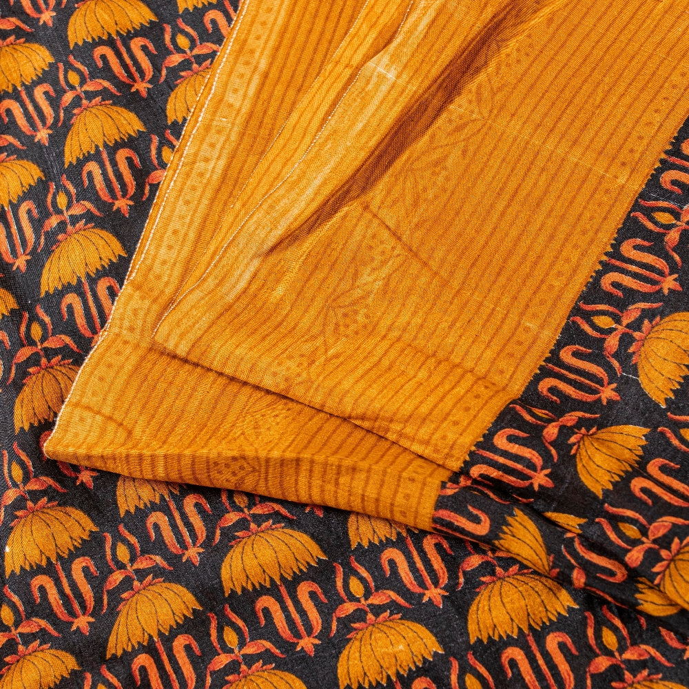 Sanskriti Vintage Sarees Black Pure Silk Floral Printed Sari 6yd Craft Fabric