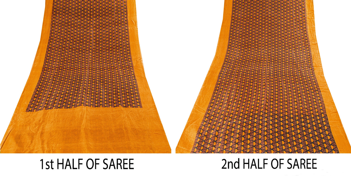 Sanskriti Vintage Sarees Black Pure Silk Floral Printed Sari 6yd Craft Fabric