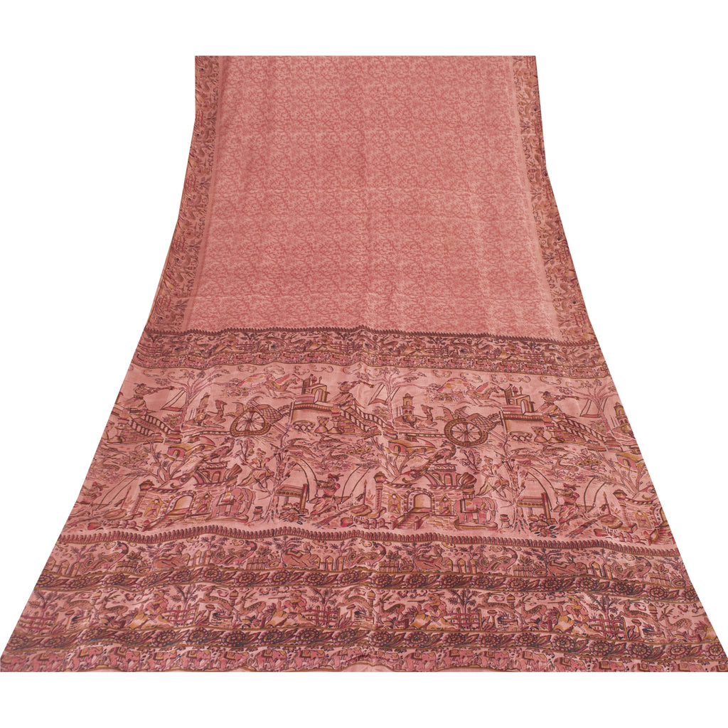 Sanskriti Vintage Sarees Blush Pink 100%Pure Silk Printed Sari 5+yd Craft Fabric