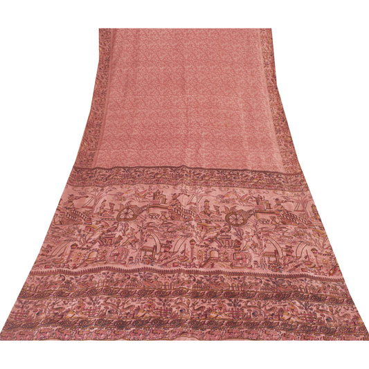 Sanskriti Vintage Sarees Blush Pink 100%Pure Silk Printed Sari 5+yd Craft Fabric