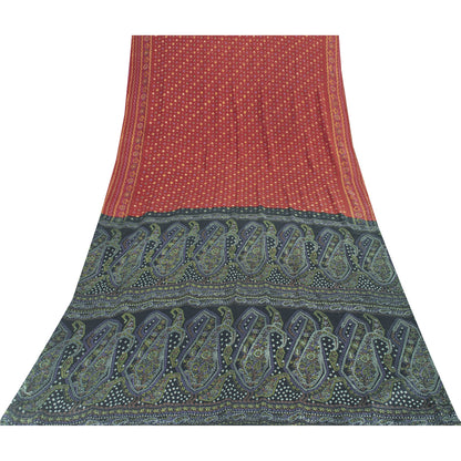 Sanskriti Vintage Sarees Red Indian Pure Silk Printed Sari 5+yd SoftCraft Fabric