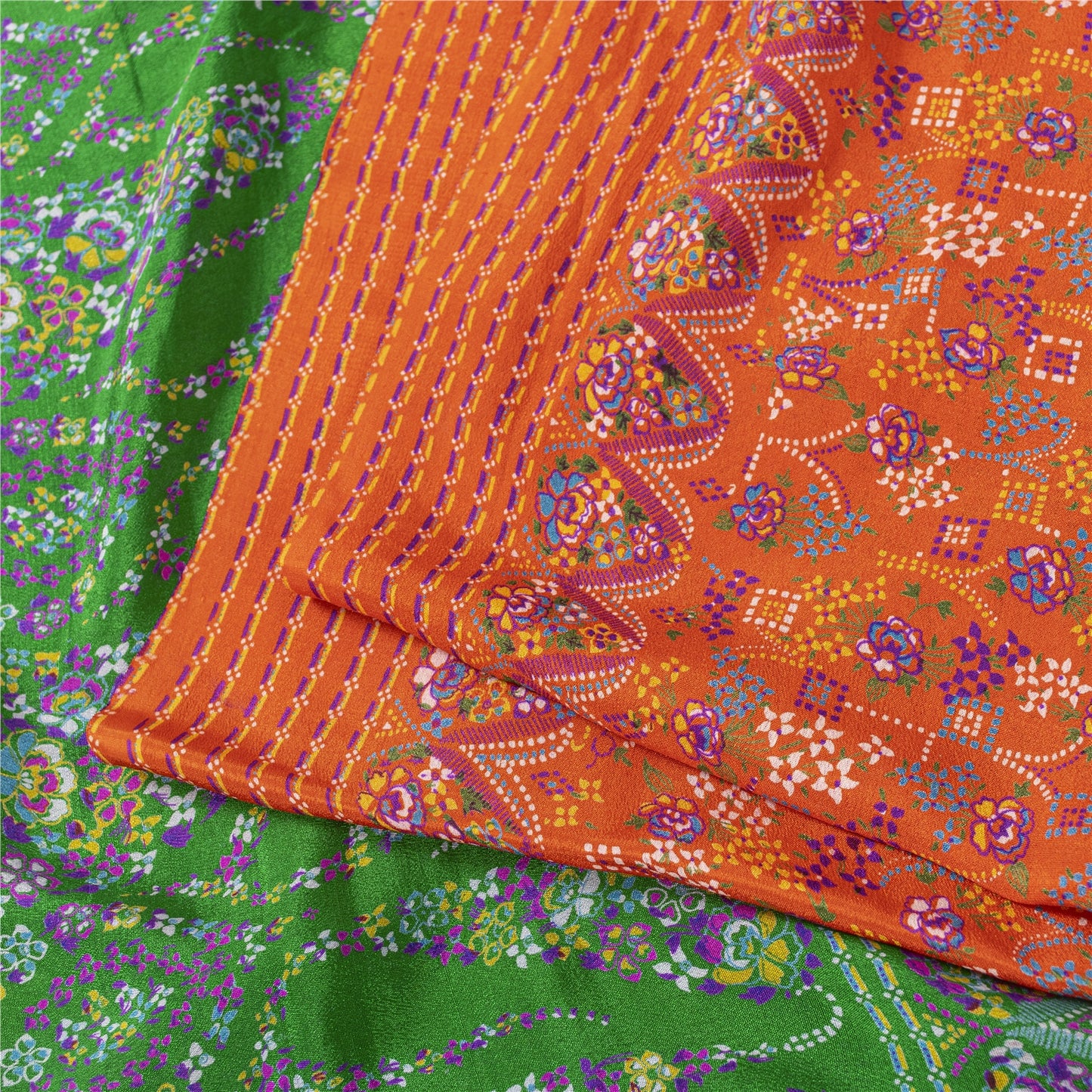 Sanskriti Vintage Sarees Orange & Green Pure Silk Printed Sari 5+yd Craft Fabric