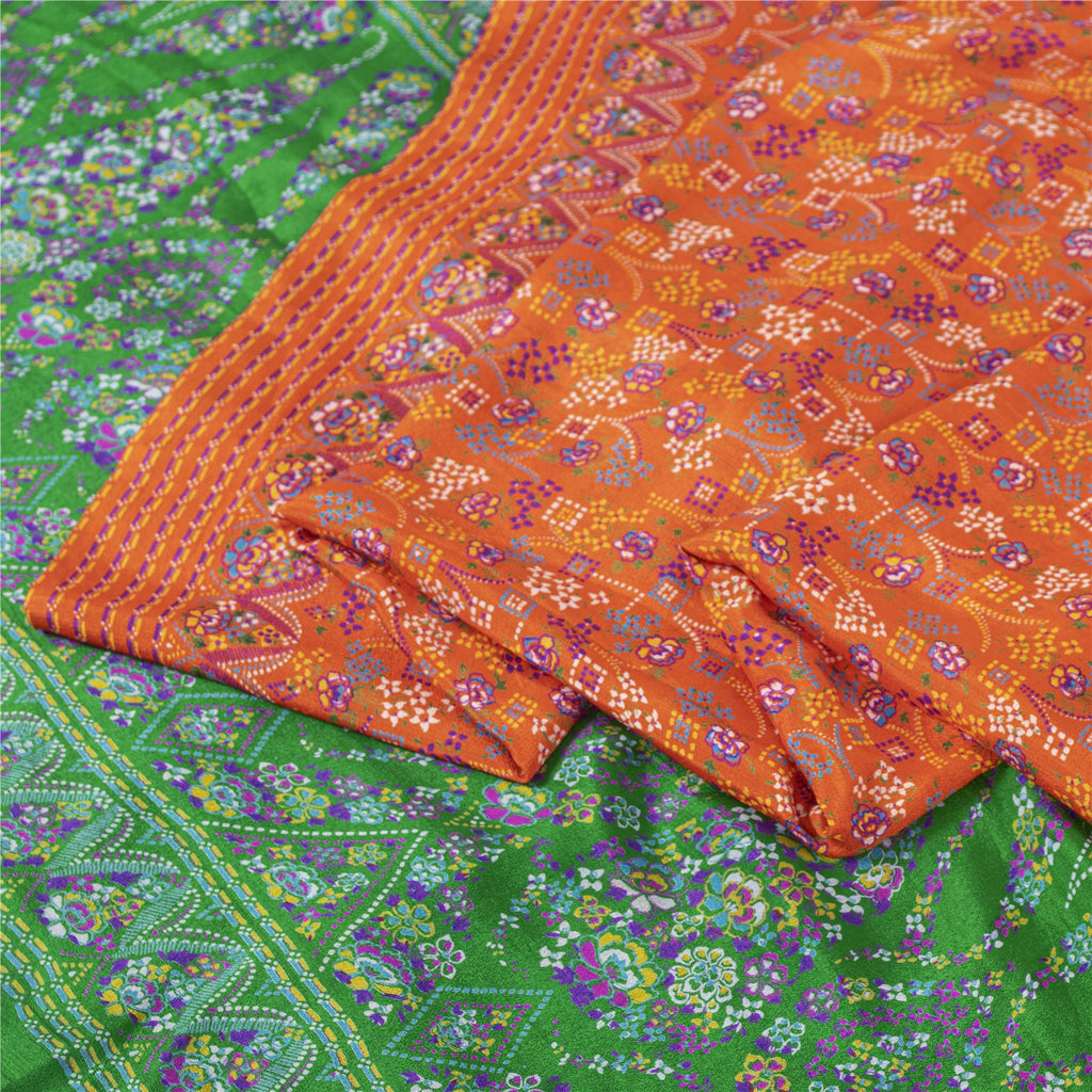 Sanskriti Vintage Sarees Orange & Green Pure Silk Printed Sari 5+yd Craft Fabric
