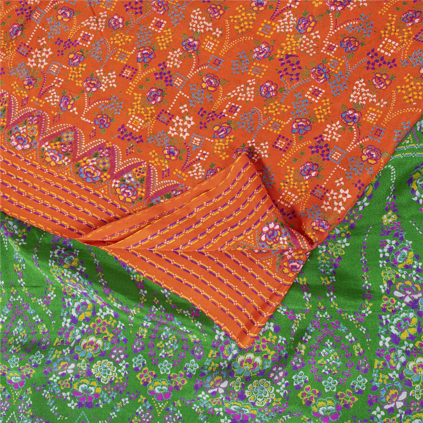 Sanskriti Vintage Sarees Orange & Green Pure Silk Printed Sari 5+yd Craft Fabric