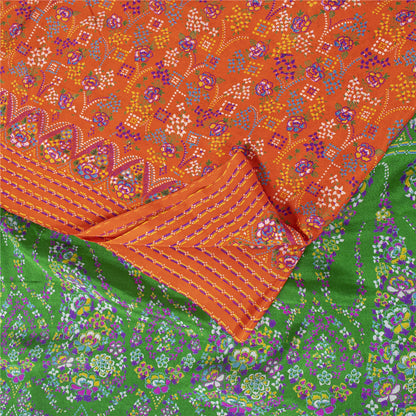 Sanskriti Vintage Sarees Orange & Green Pure Silk Printed Sari 5+yd Craft Fabric