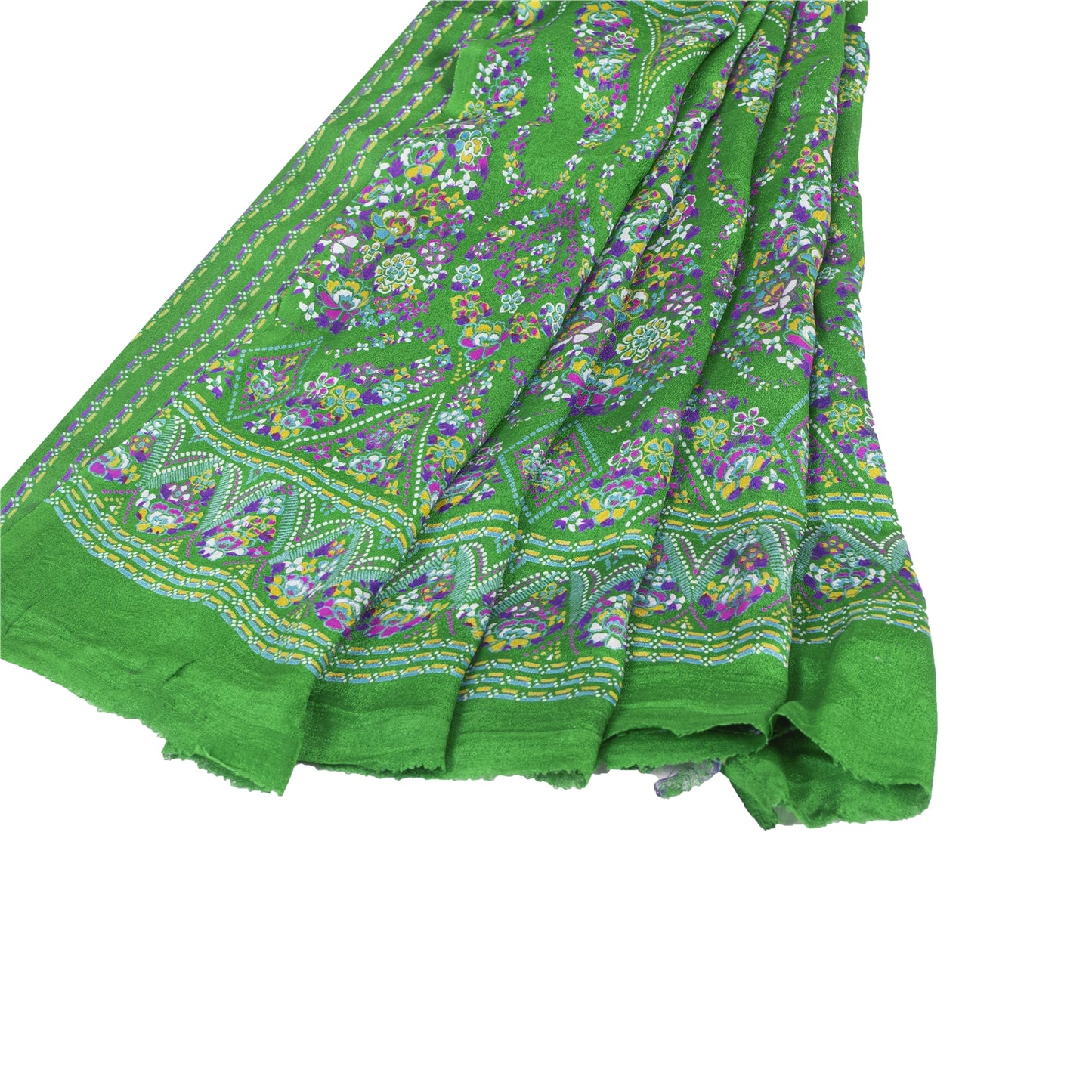 Sanskriti Vintage Sarees Orange & Green Pure Silk Printed Sari 5+yd Craft Fabric