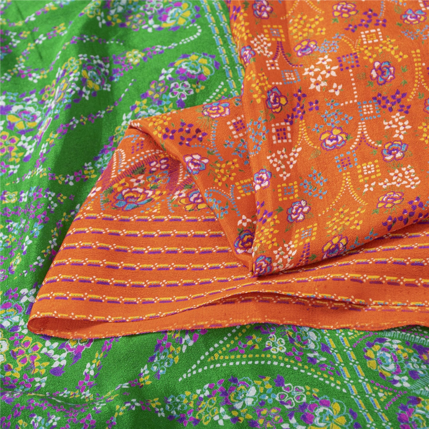 Sanskriti Vintage Sarees Orange & Green Pure Silk Printed Sari 5+yd Craft Fabric