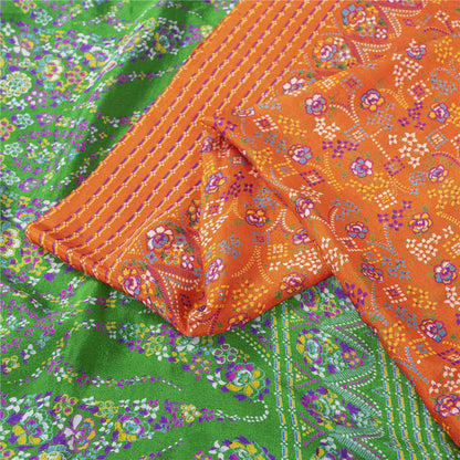 Sanskriti Vintage Sarees Orange & Green Pure Silk Printed Sari 5+yd Craft Fabric