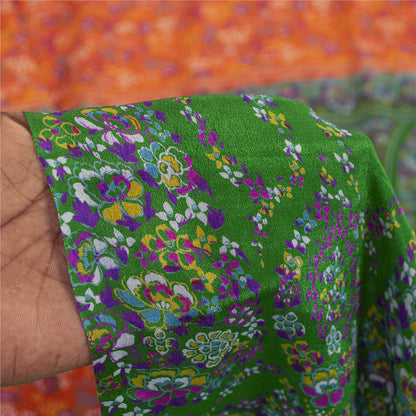 Sanskriti Vintage Sarees Orange & Green Pure Silk Printed Sari 5+yd Craft Fabric