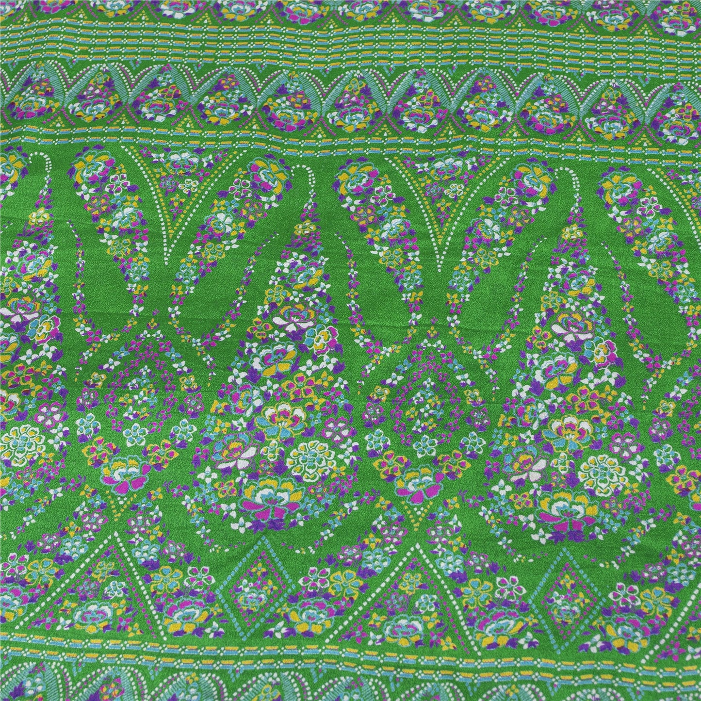 Sanskriti Vintage Sarees Orange & Green Pure Silk Printed Sari 5+yd Craft Fabric