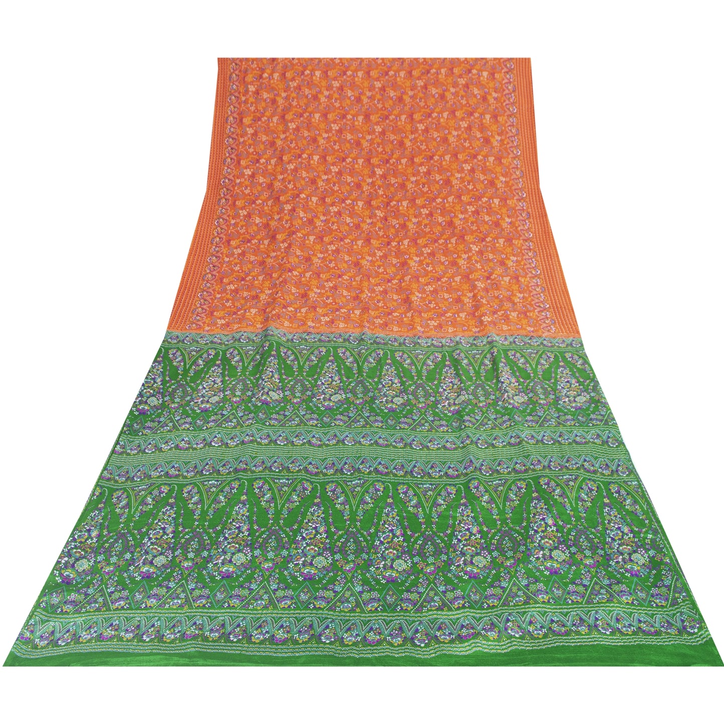 Sanskriti Vintage Sarees Orange & Green Pure Silk Printed Sari 5+yd Craft Fabric