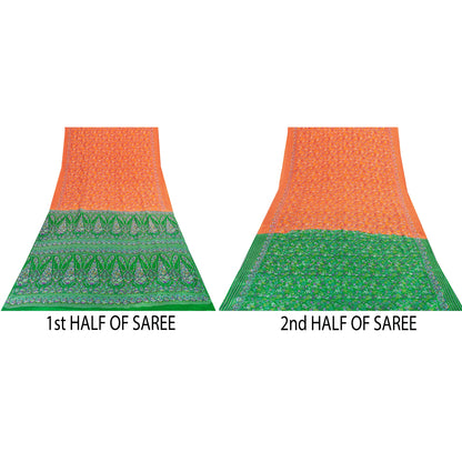 Sanskriti Vintage Sarees Orange & Green Pure Silk Printed Sari 5+yd Craft Fabric