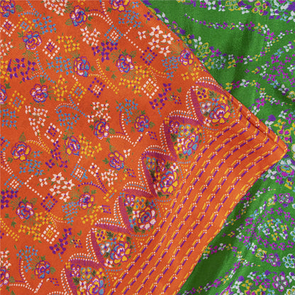 Sanskriti Vintage Sarees Orange & Green Pure Silk Printed Sari 5+yd Craft Fabric
