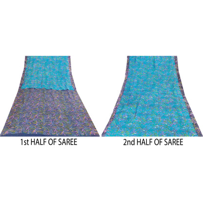 Sanskriti Vintage Sarees Blue Indian 100%Pure Silk Printed Sari 6yd Craft Fabric