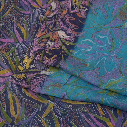 Sanskriti Vintage Sarees Blue Indian 100%Pure Silk Printed Sari 6yd Craft Fabric