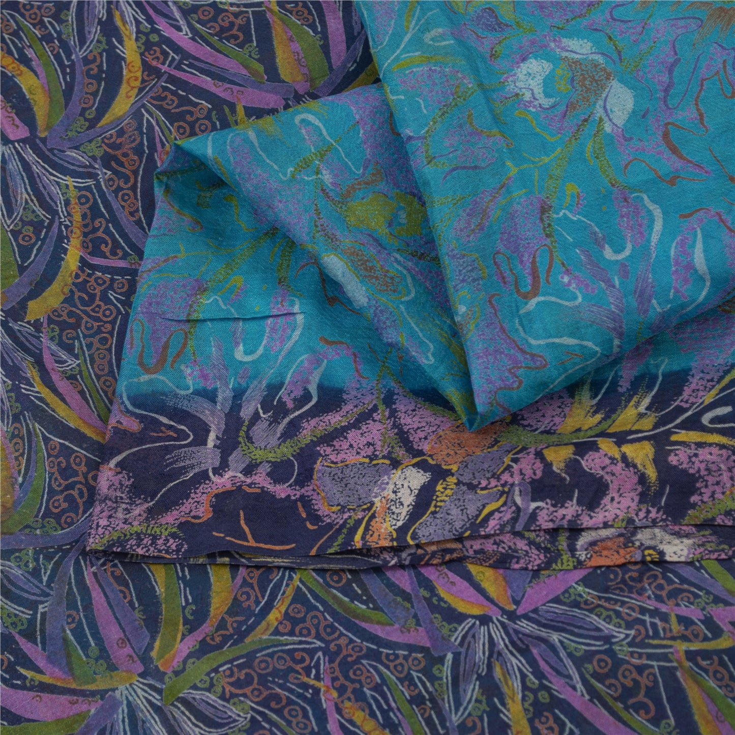 Sanskriti Vintage Sarees Blue Indian 100%Pure Silk Printed Sari 6yd Craft Fabric