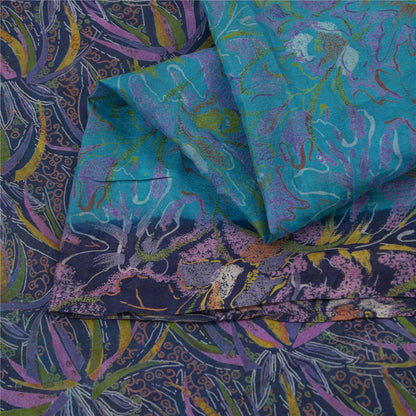 Sanskriti Vintage Sarees Blue Indian 100%Pure Silk Printed Sari 6yd Craft Fabric